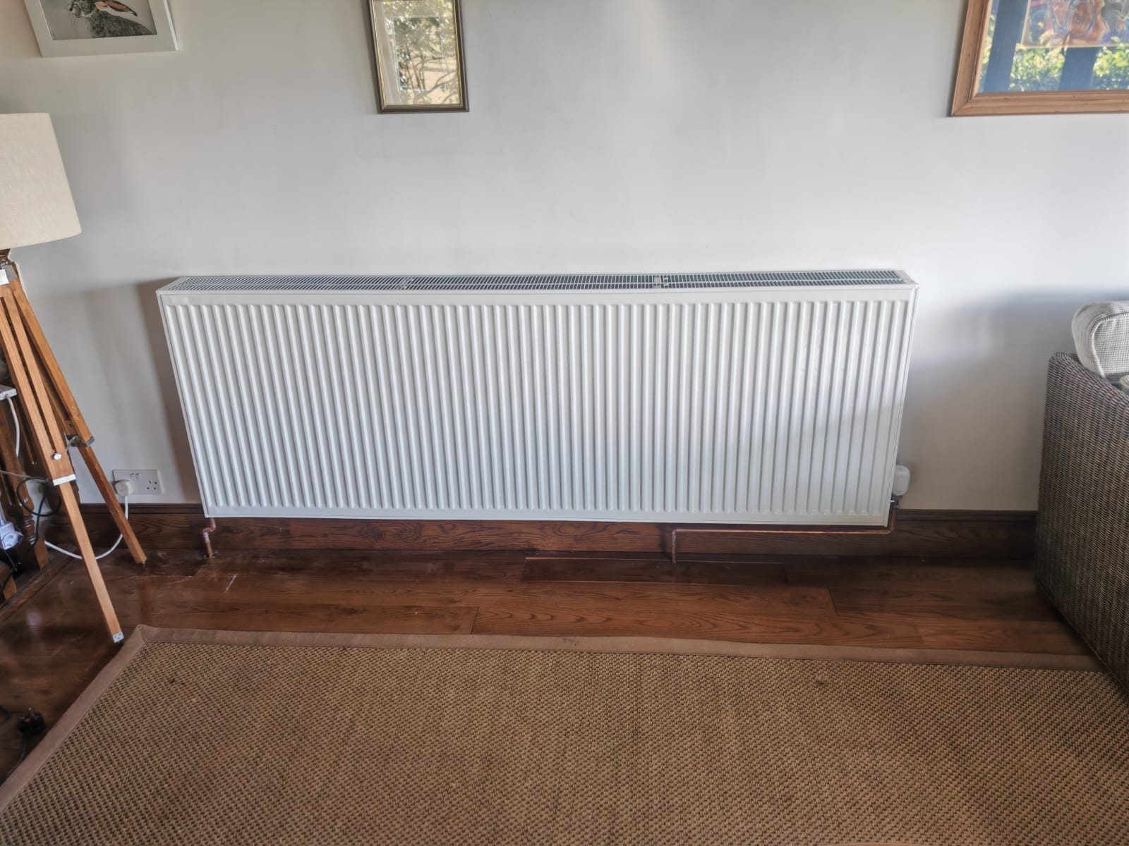 Living room radiator, pipe drops kept tidy. Whole house air source heat pump by FB Gas, photo 15